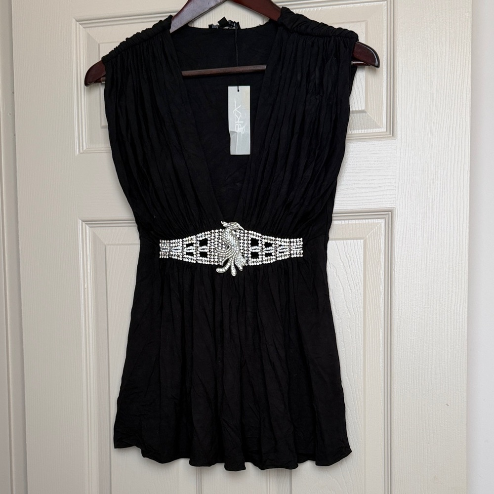 NWT Sky Black Blouse with Beaded Waist